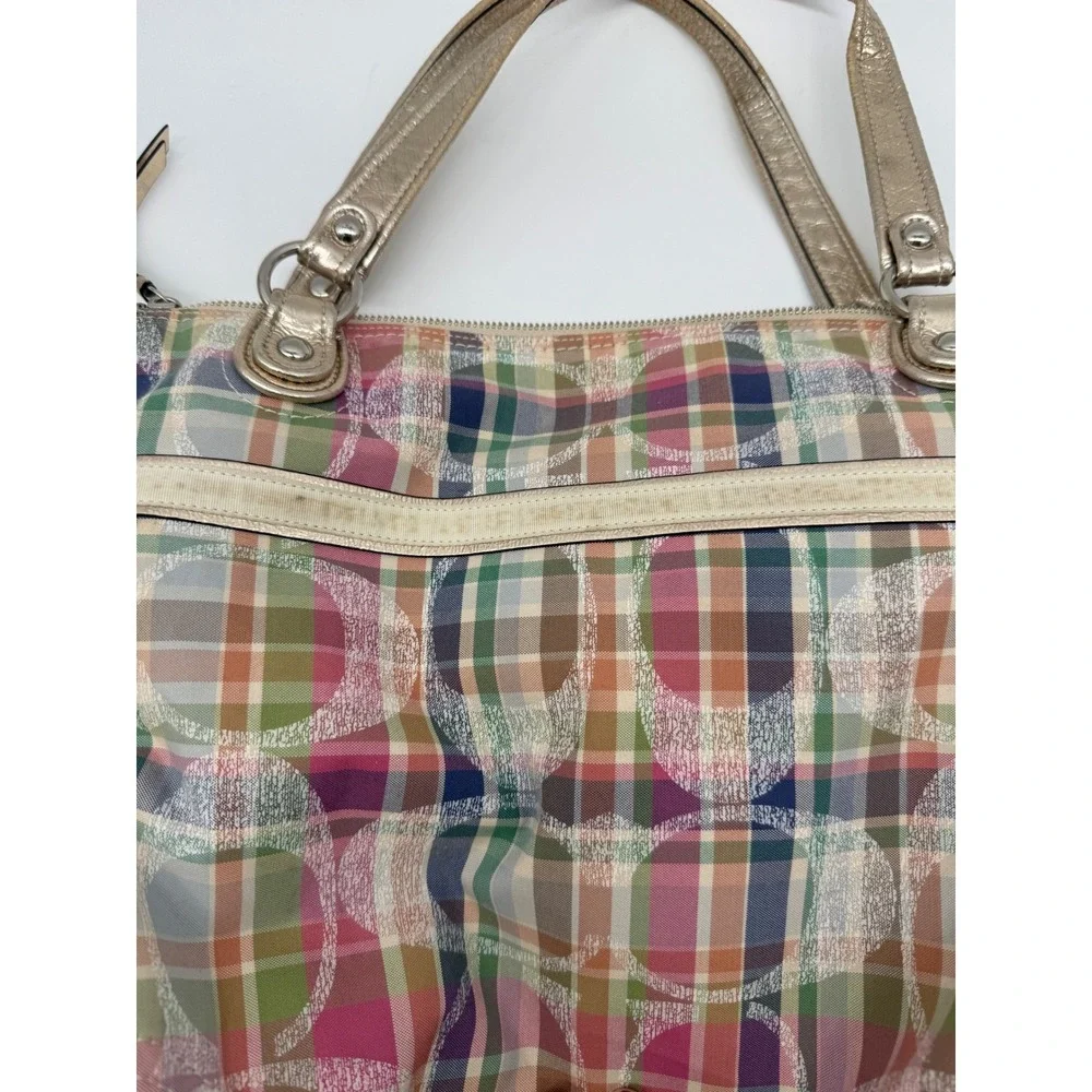 Coach 19611 Madras Signature Sequin Shoulder Tote Bag Pink Pastel Plaid Purse